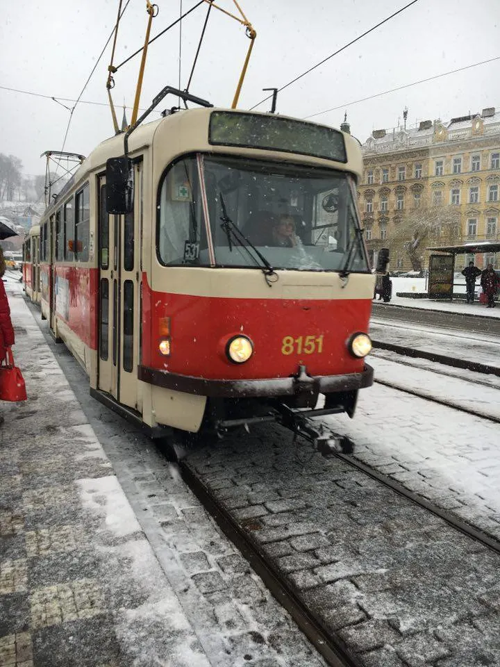 Prague tram in the snow