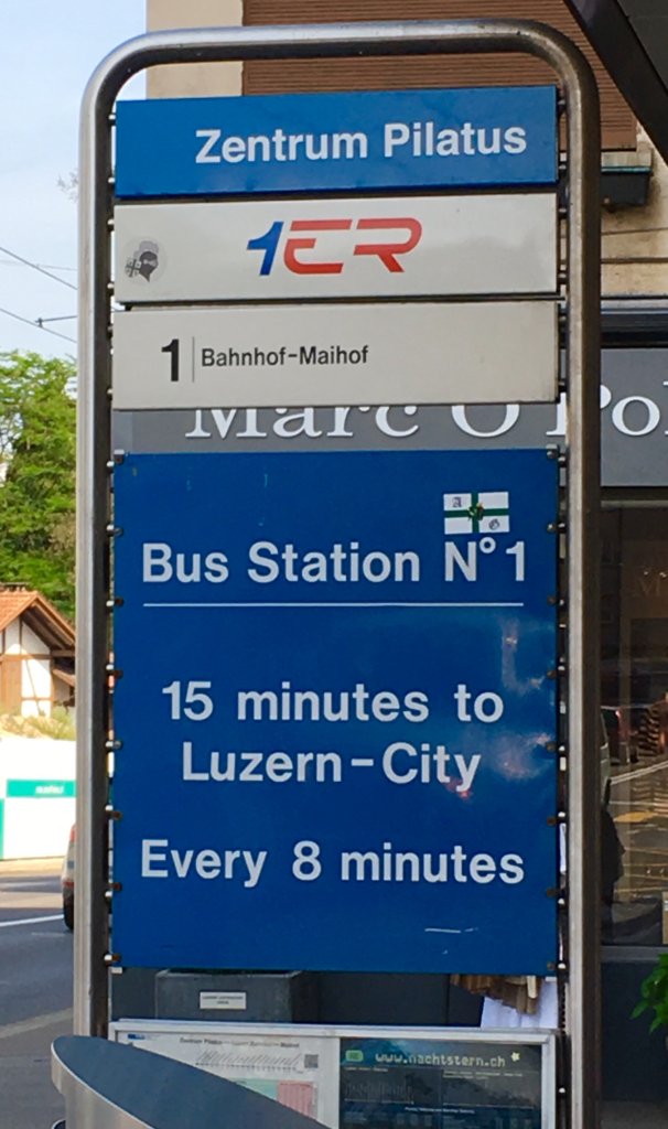 Sign for the bus back to Mt Pilatus the final leg of the Golden Round Trip to Mount Pilatus