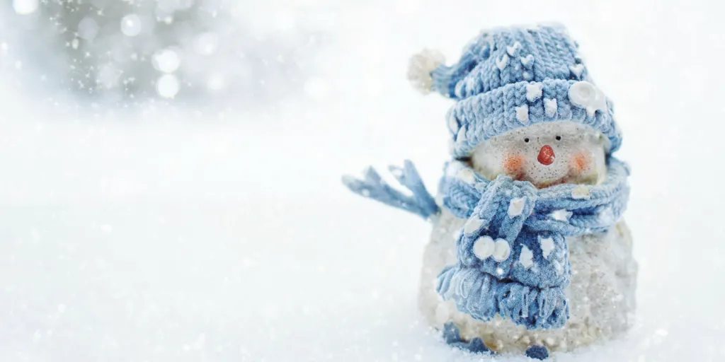 a snowman with a blue hat and scarf