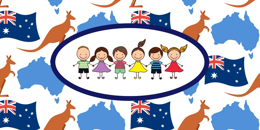 Children in australia with kangaroos and flag
