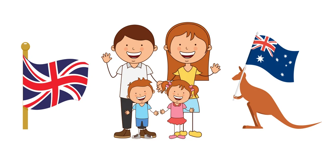 Cartoon of a family with a kangaroo and British and Australian flags.