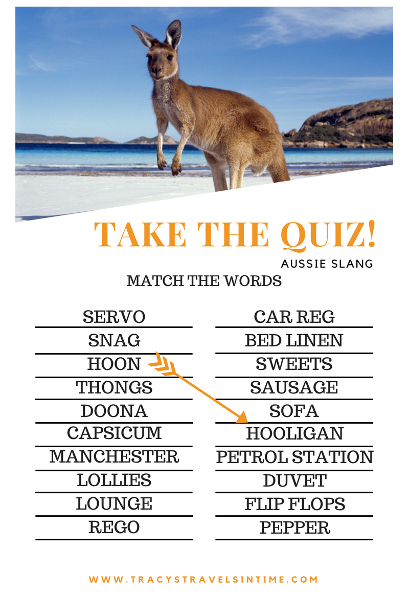 Image of a kangaroo on a beach above a quiz matching Aussie slang words with UK slang words.