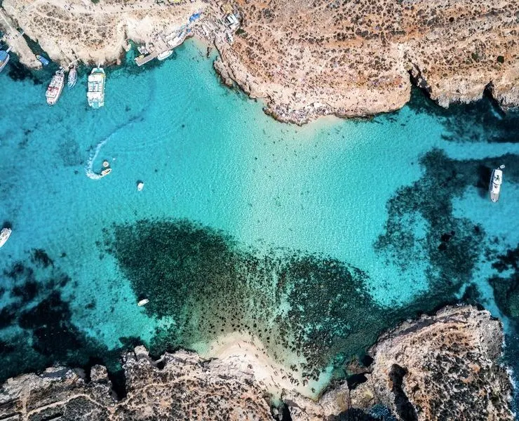 Aerial shot of the Blue Lagoon in malta.