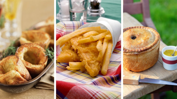English food - yorkshire pudding, fish and chips and pork pie