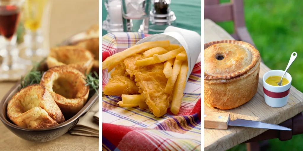 English food - yorkshire pudding, fish and chips and pork pie