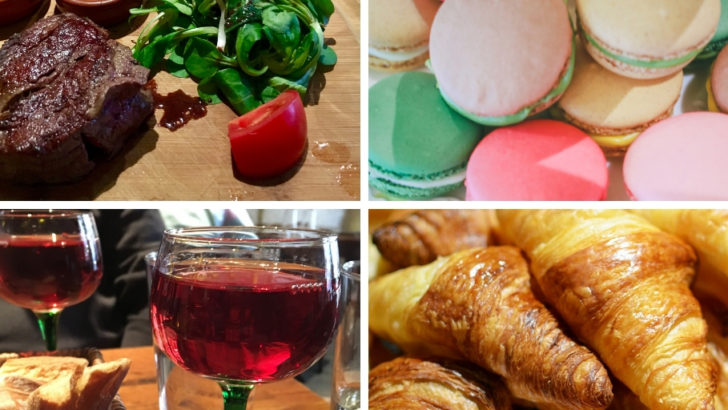 French foods - croissants, macarons and steak
