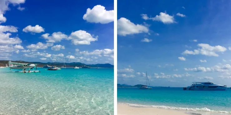 Seaplane and boats at Whitehaven Beach