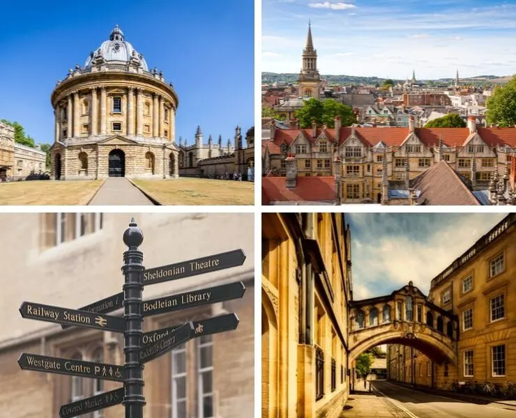 Collage of photographs of Oxford including the Redcliffe Camera, signposts and an arial view of the city