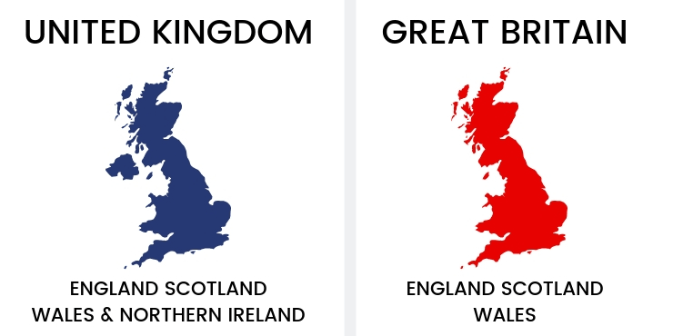 Map showing the difference between the UK and Great Britain.