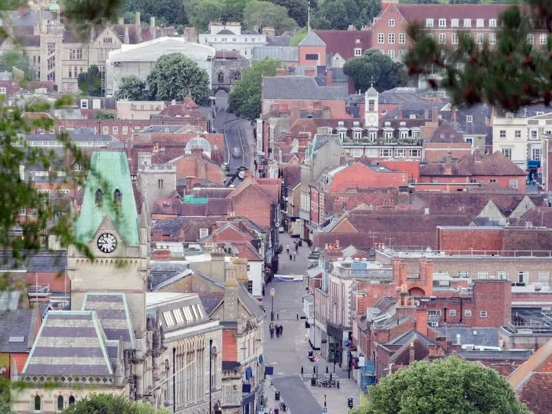 View of Winchester city centre in England which you can visit on easy day trips from London by train