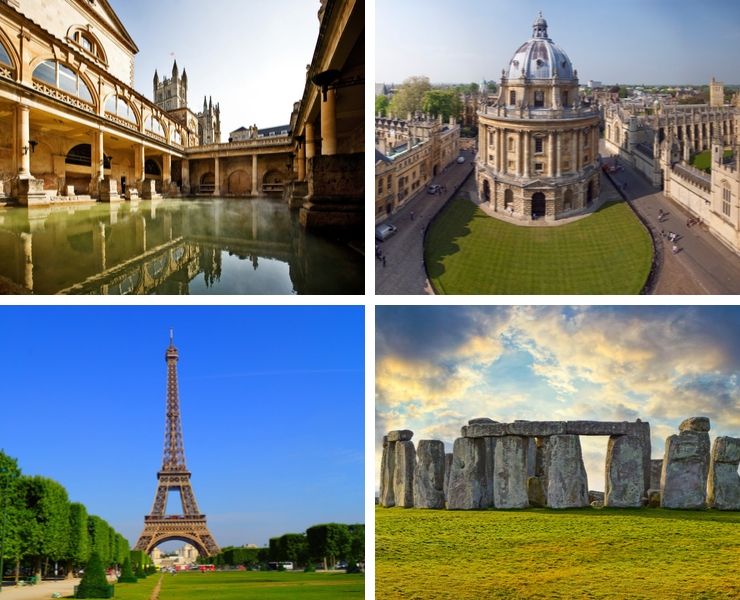 An image showing 4 day trip destinations including Oxford, Paris, Bath and Stonehenge.