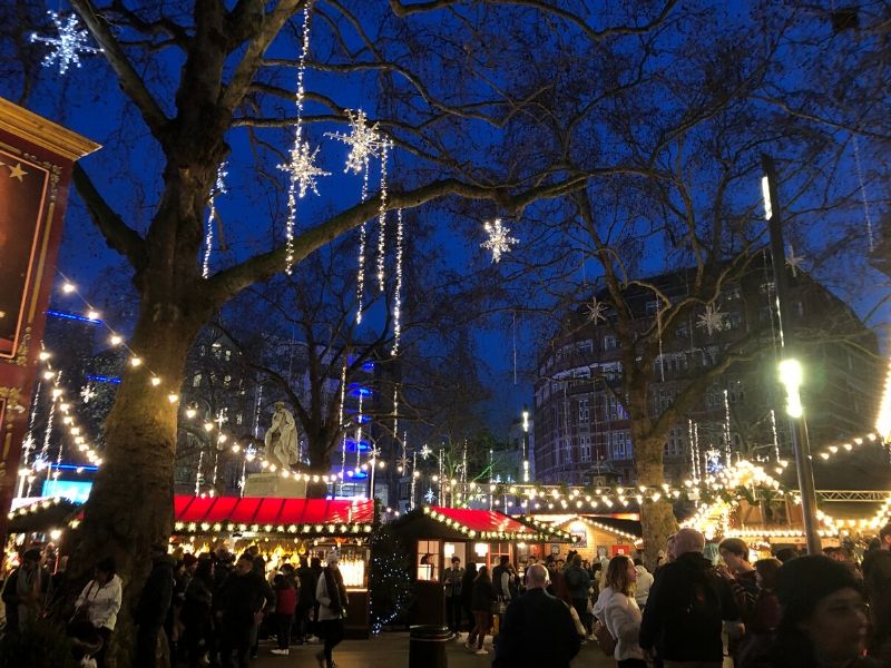 Christmas decorations in Leicester Square a London bucket list choice for many people