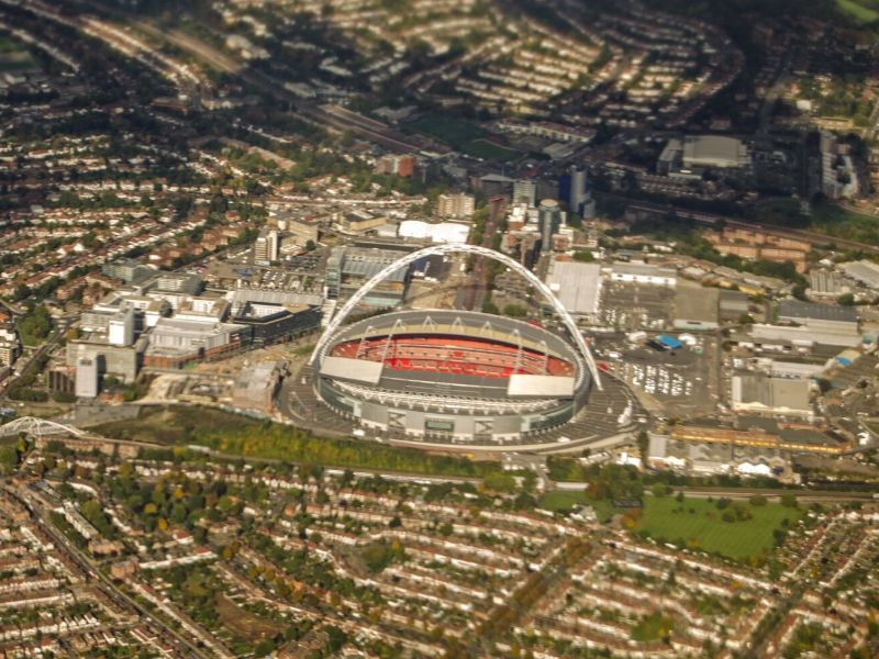 An aerial photograph of Wembley Stadium in London