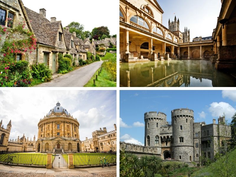 4 photographs of places in England- a row of houses, a baths, a castle and an old round building