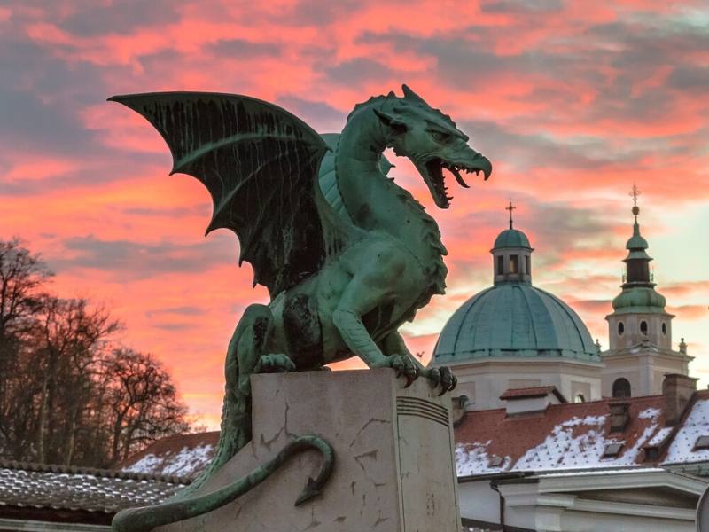 A beautiful sky at sunset at the Dragon bridge in the City of Dragons Ljubljana
