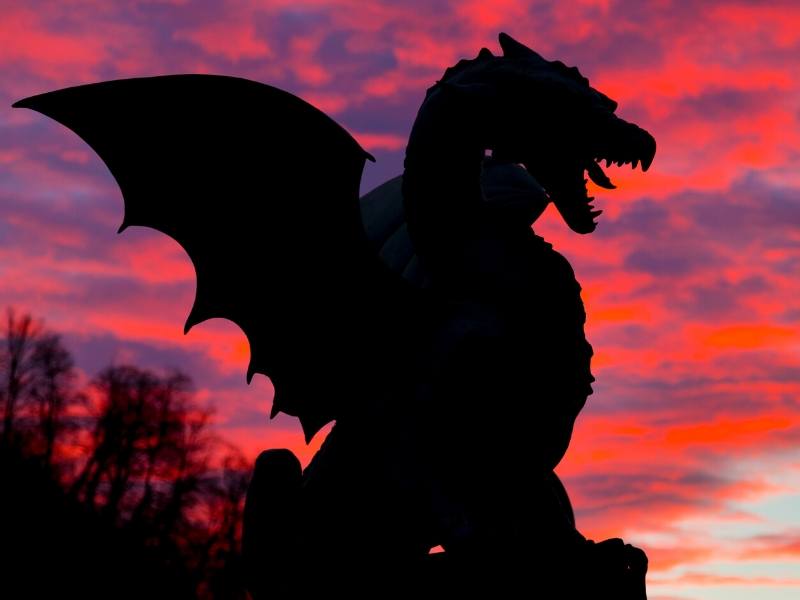 A dragon at sunset in the City of Dragons Ljubljana