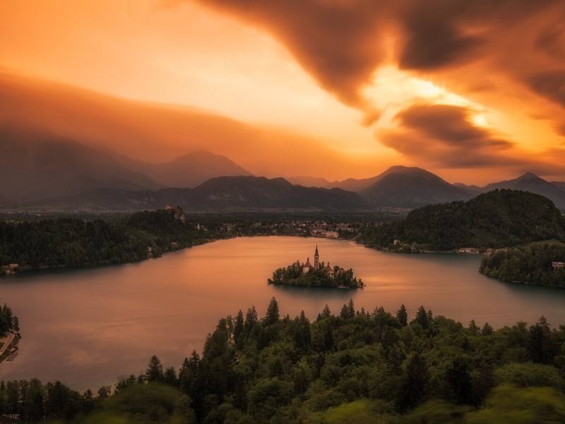 Sunset overlooking Lake Bled.