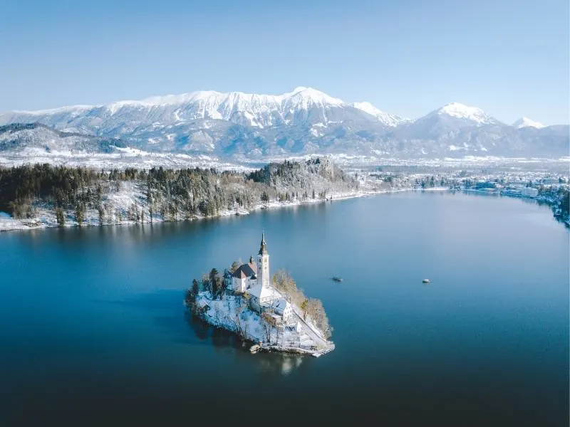 View of Bled in winter with snow.