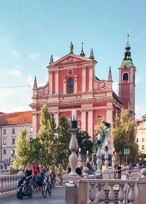 Franciscan Church on Perseren Square can't be missed when visiting Ljubljana