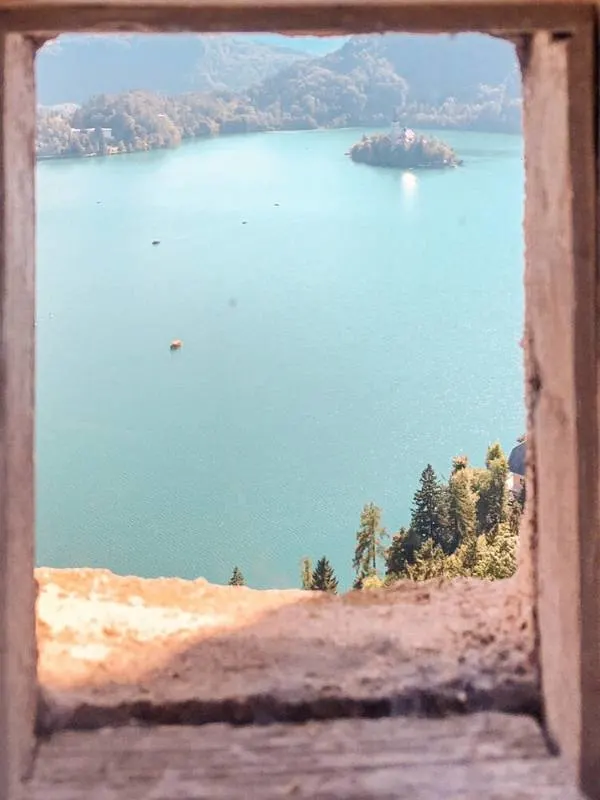 View from a window of Lake Bled.