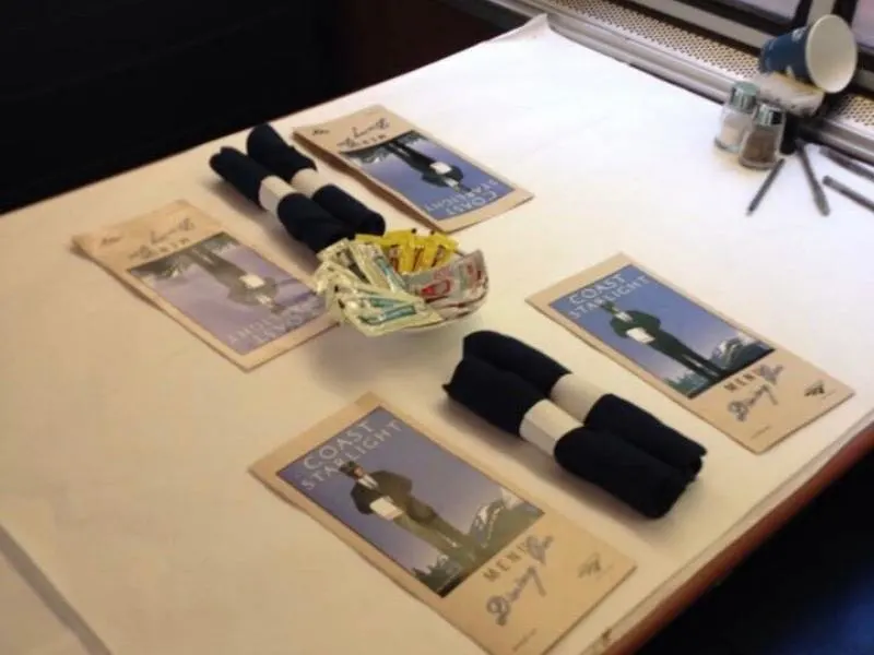 Table setting in the dining car of the Coast Starlight train.