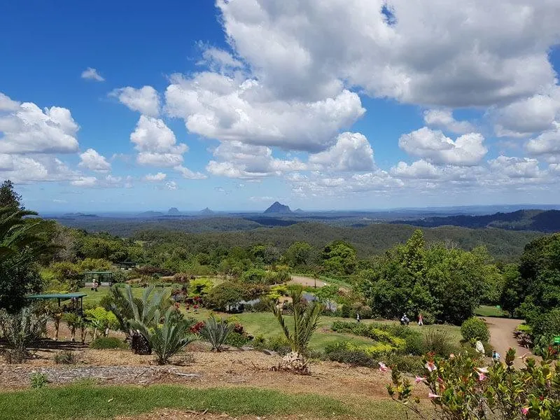 A view of the Glasshouse Mountains one of the things to do and see in the Sunshine Coast Hinterland