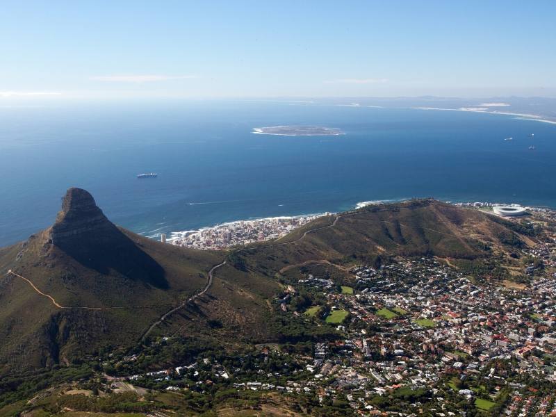 View of Robben Island and Lions head in Cape Town South Africa.