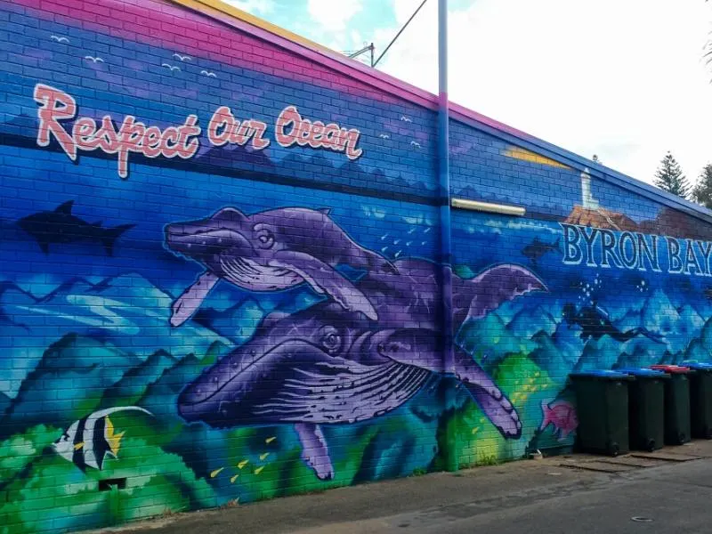 A wall mural showing 2 whales and the words respect our ocean in  Byron Bay