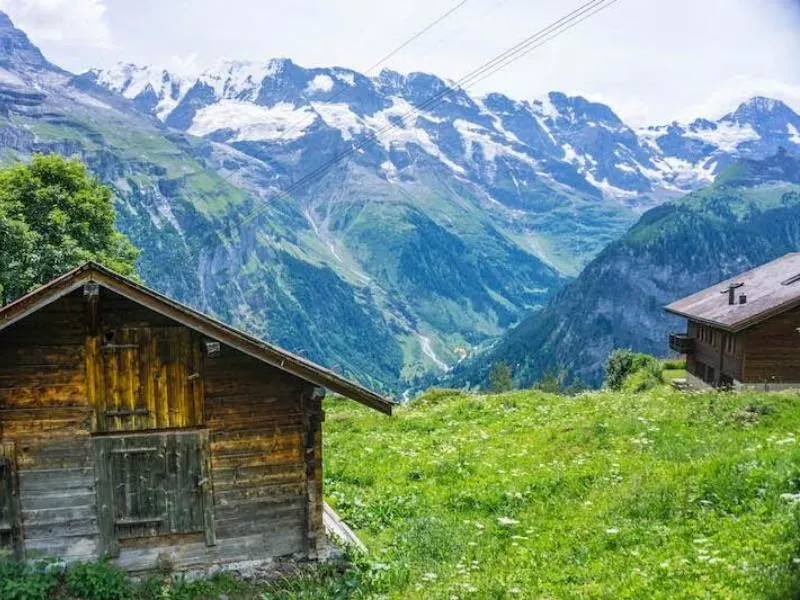 View of Swiss mountains and chalets