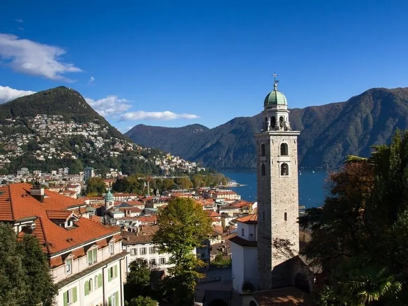 Beautiful city of Lugano in Switzerland with the lake and mountains