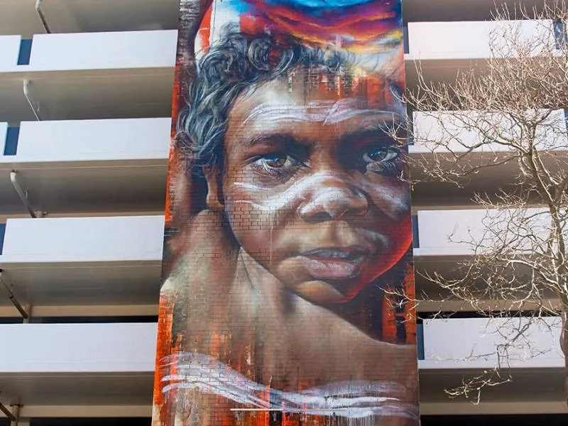 Mural of a young Indigenous boy in Newcastle