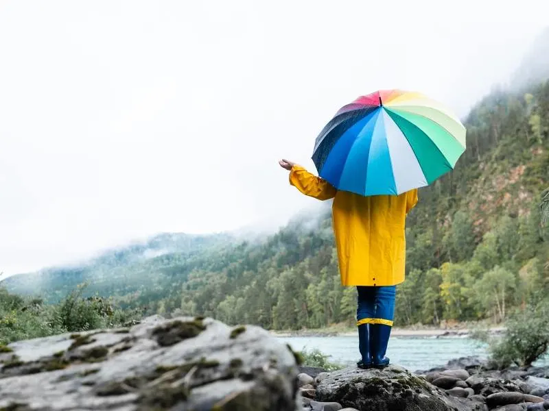 Person standing in the rain with a multicoloured umbrella