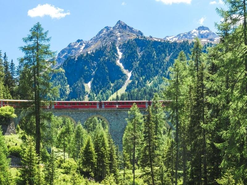 View of the Bernina Express crossing a bridge