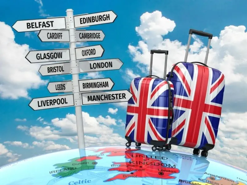 UK travel suitcases with signposts of UK places 