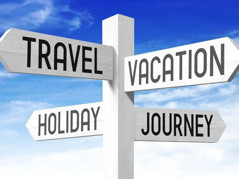 Signpost showing travel, vacation, trip, holiday options