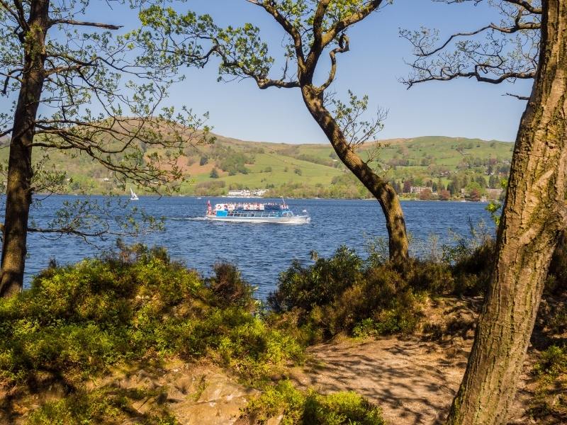 View from Claife Viewing station of Lake Windermere and a boat