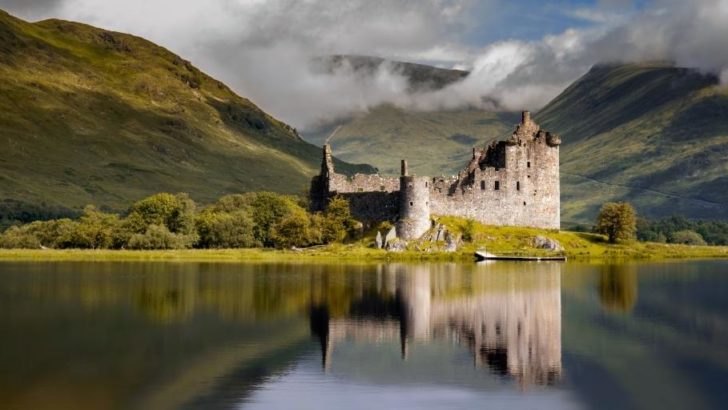 Scotland castle on a loch often seen in Scottish gift guide items such as calendars