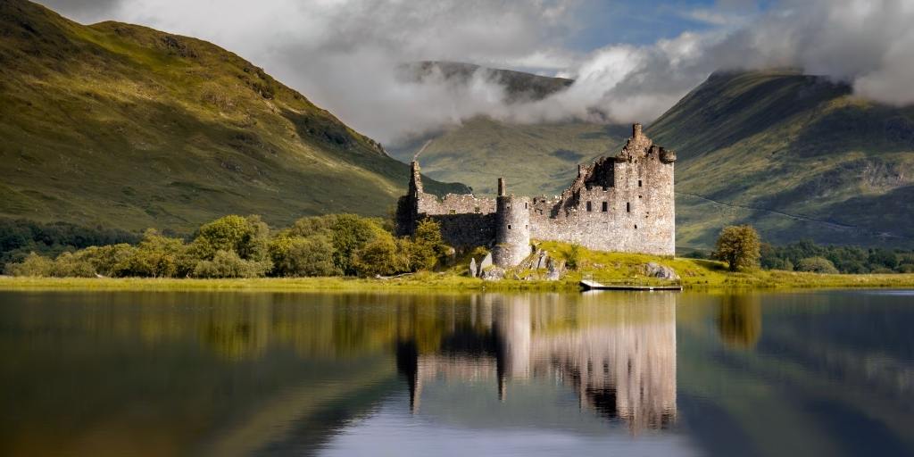 Scotland castle on a loch often seen in Scottish gift guide items such as calendars