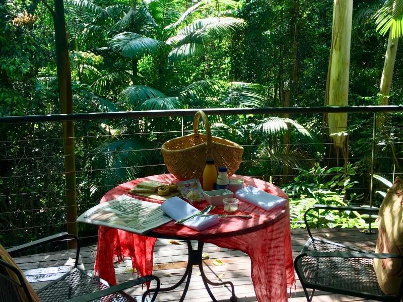 Breakfast on a balcony surrounded by lush green forest.
