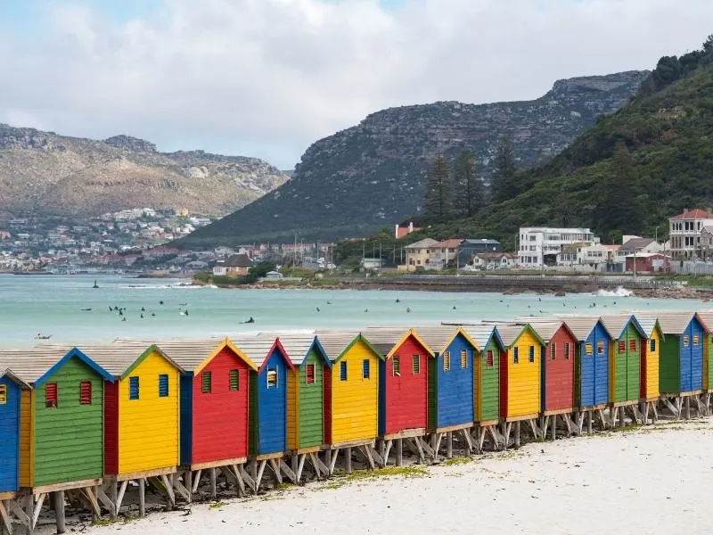 Muizenberg Beach in South Africa with beach huts