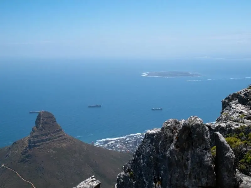 View of Robben Island from Table Mountain in Cape Town.