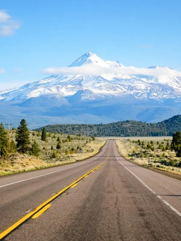 Mount Shasta with snow covering the peak.