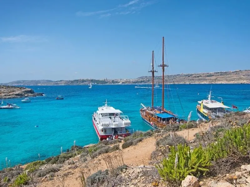 Boats moored off the Blue Lagoon in Malta.