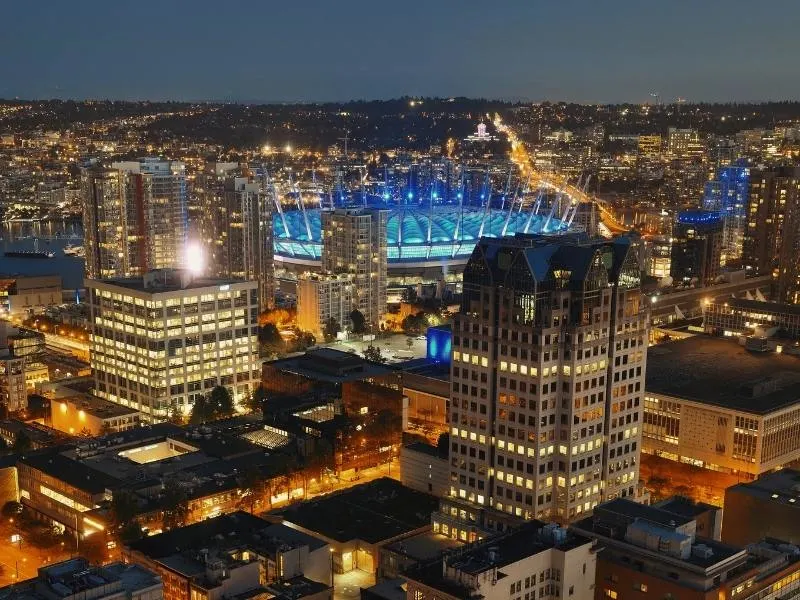 Night view over Vancouver read more about the city in books about Canada.