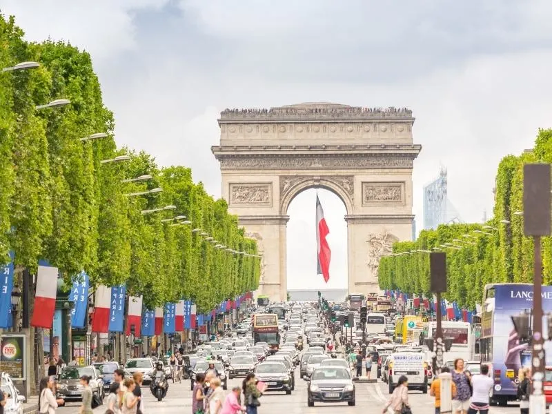 Champs Elysees sign and the Arc de Triomphe.