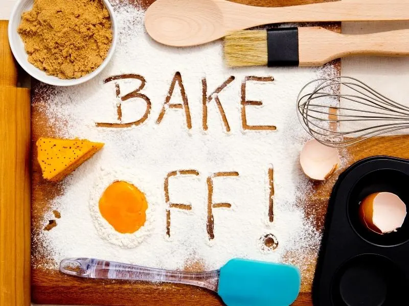 Photo of cooking implements with Bake Off written in flour.