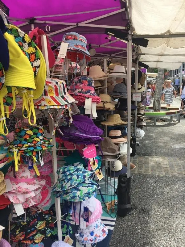 Hats for sale at a stall at South Bank Market.