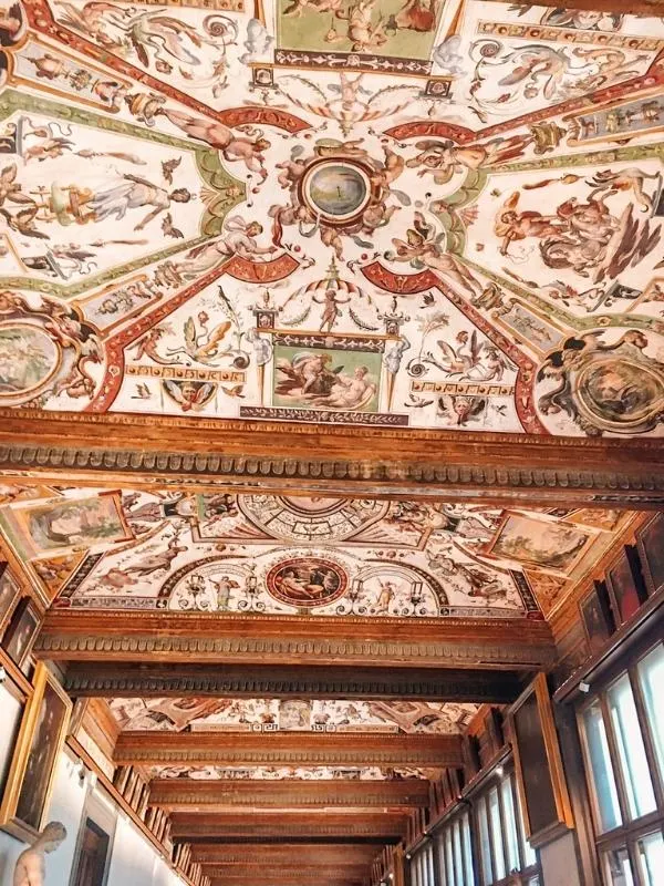A decorated corridor in the Uffizi in Florence.