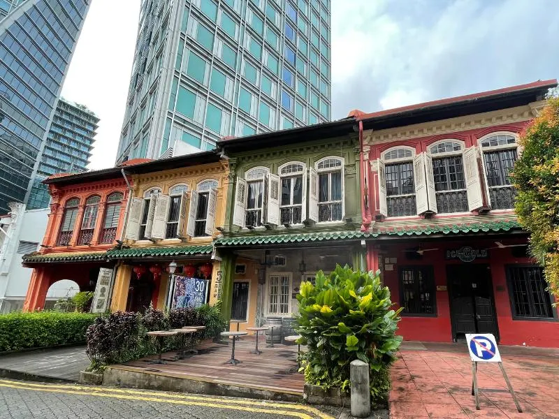 Colourful shophouses at Emerald Hill in Singapore.