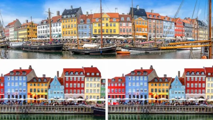Views of colourful houses in Copenhagen.